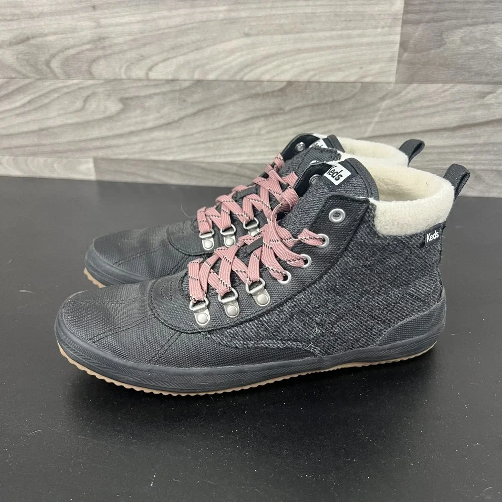 Keds Lace Up Ankle Boots Women's Size 9.5 Gray Black Casual Comfort Fleece Lined